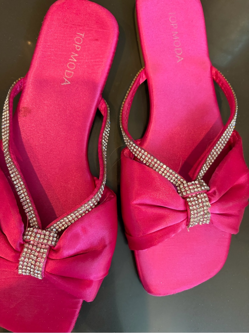 TOP Moda Hot Pink Rhinestone Bow Slide Sandals